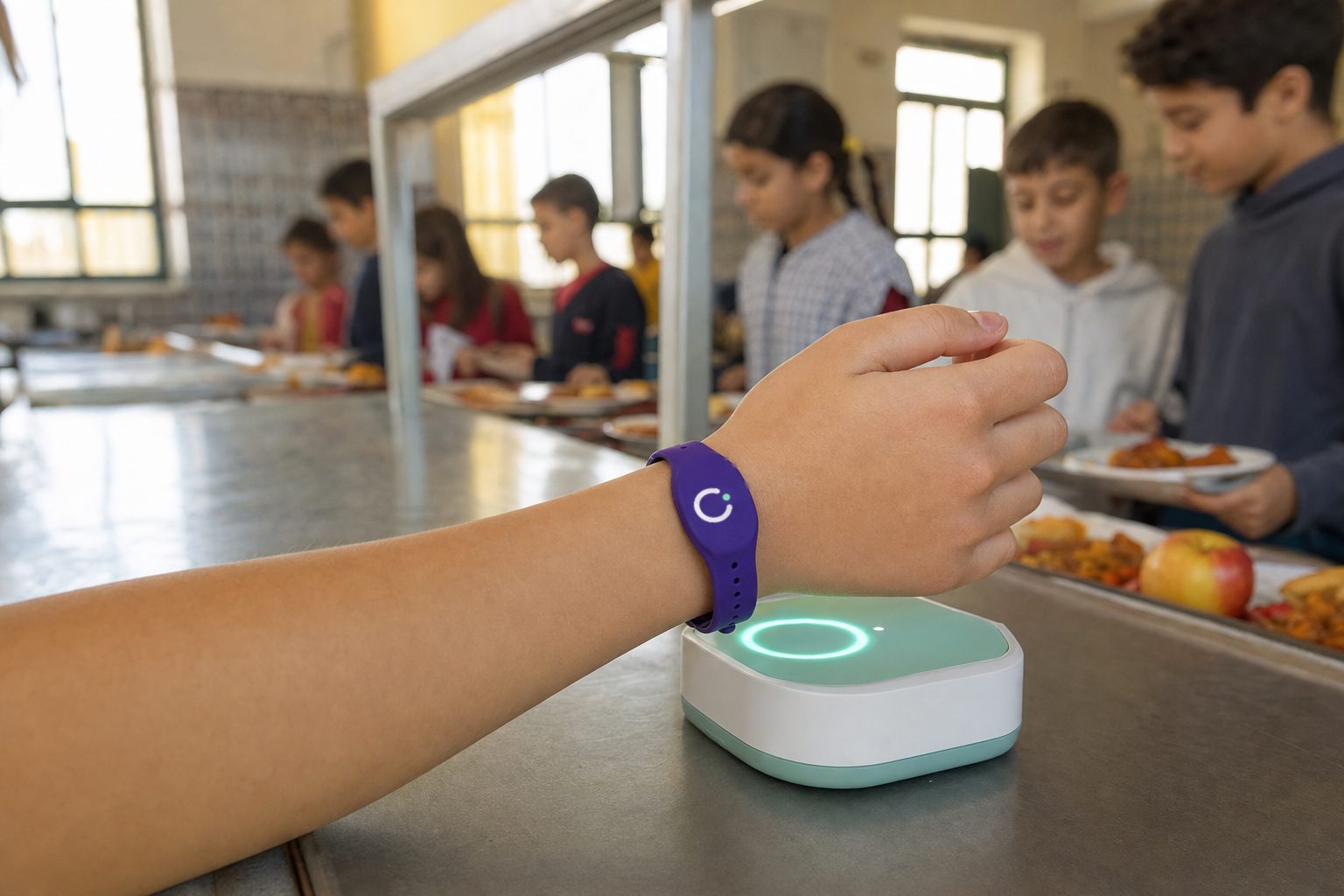 Enfant qui paie en approchant son bracelet du lecteur à la cantine